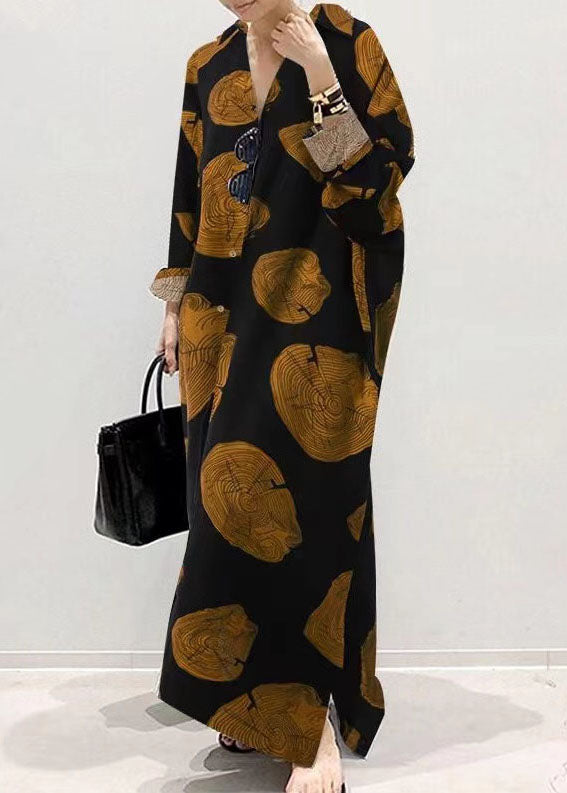 Printing Loose Long Sleeve Button Maxi Shirt Dress With Pocket