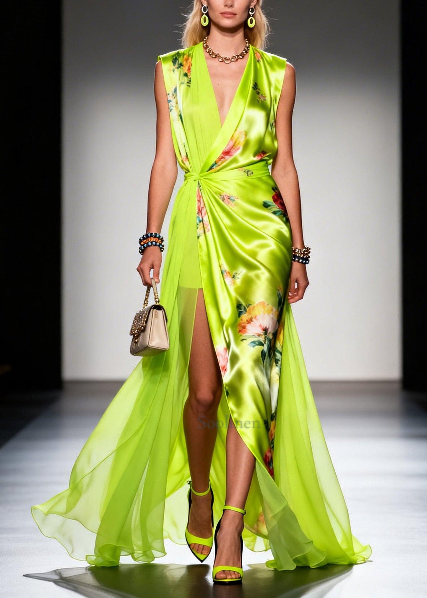 Fluorescent Green Exra Large Hem Side Open Chiffon Robe Dresses Summer