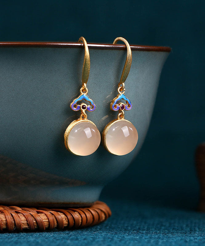 Gold Copper Overgild Auspicious Clouds Chalcedony Drop Earrings