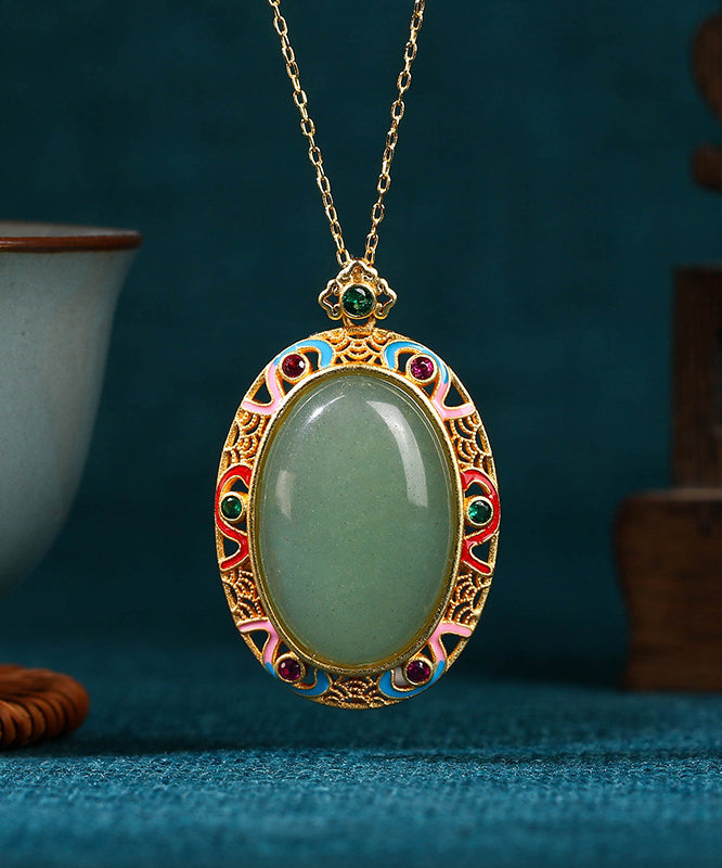 Gold Copper Overgild Jade Enamel Auspicious Clouds Pendant Necklace