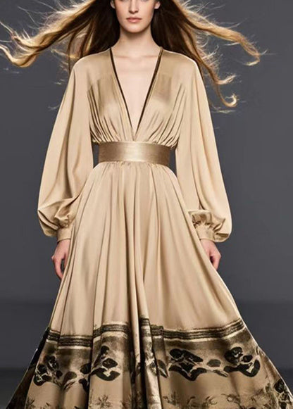 Golden Cinched Print Silk Maxi Dresses Spring