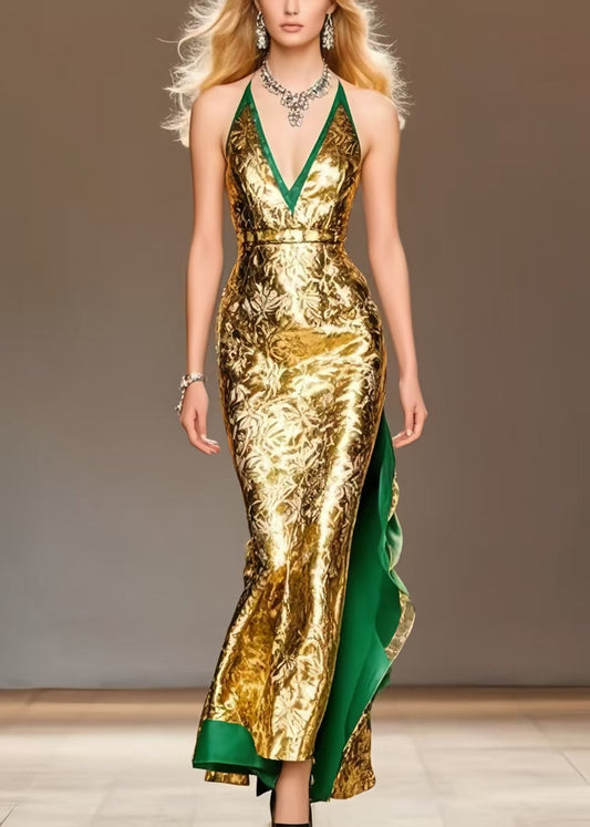 Golden Wraped Patchwork Silk Sundress Summer
