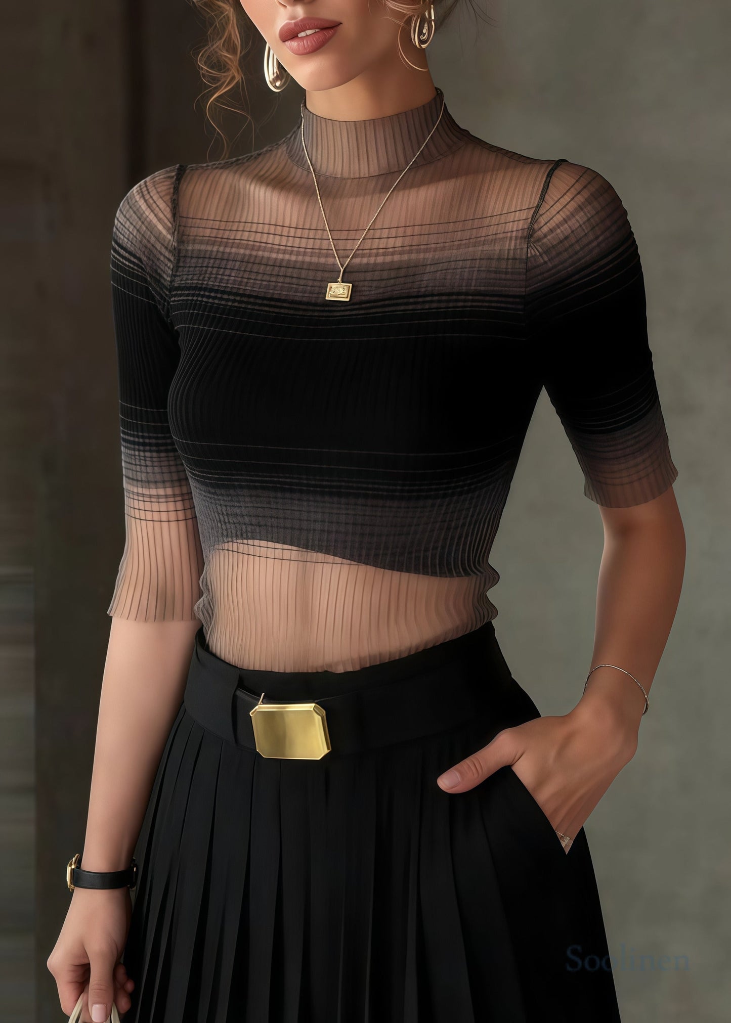 Gradient Black Stand Collar Tulle Tank Half Sleeve