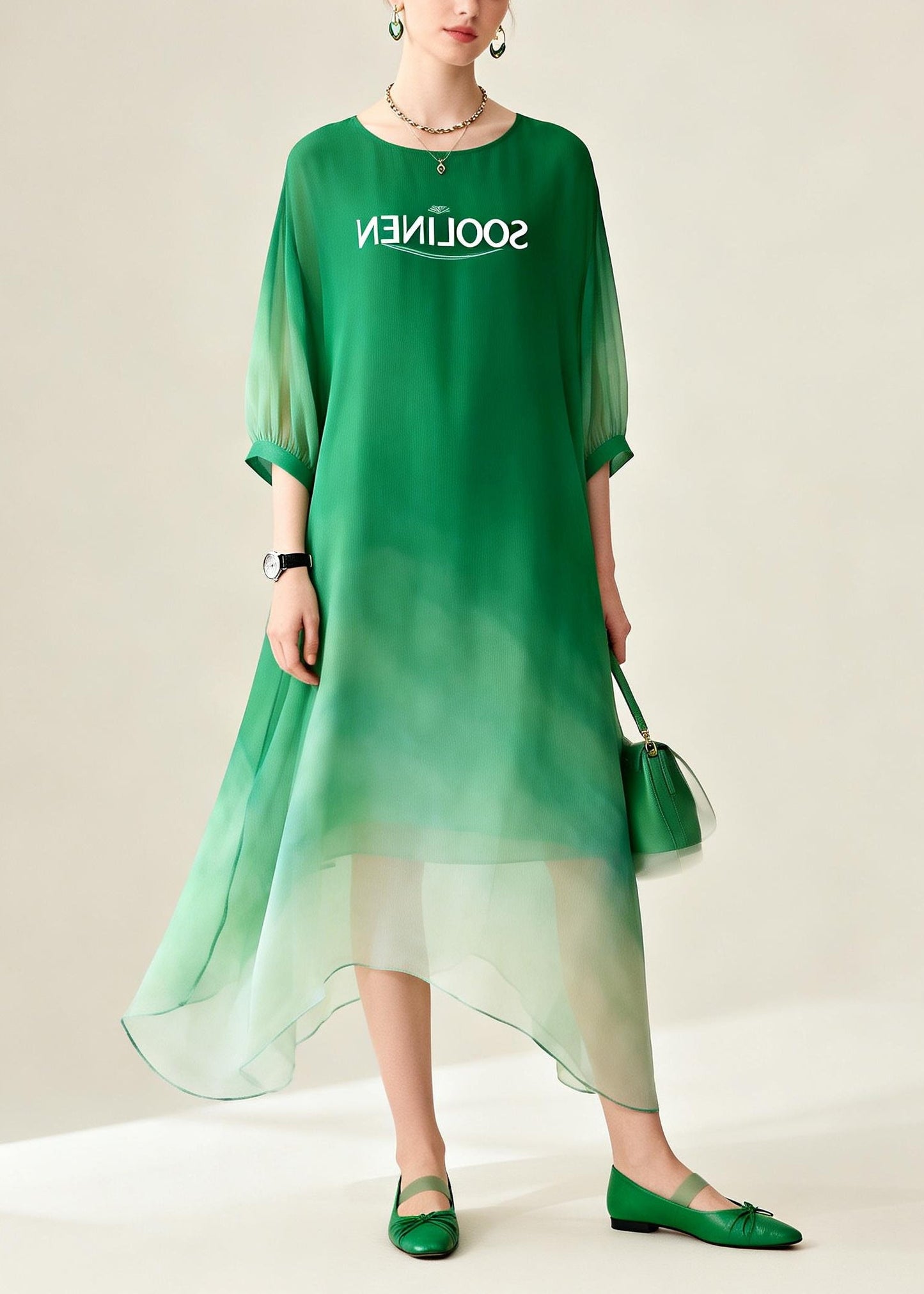 Gradient Color Asymmetrical Design Chiffon Ankle Dress Summer
