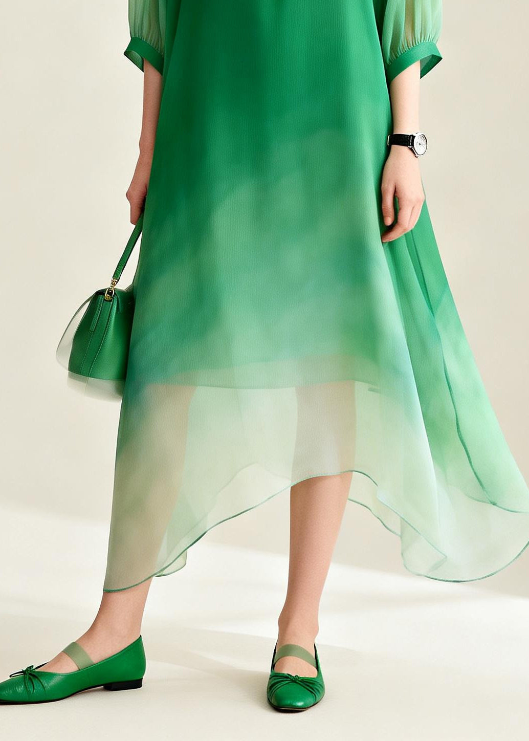 Gradient Color Asymmetrical Design Chiffon Ankle Dress Summer