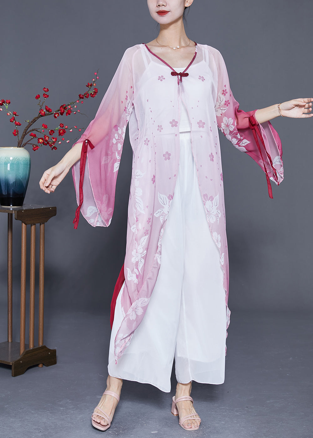 Gradient Color Chinese Button Print Chiffon Long Cardigan Flare Sleeve