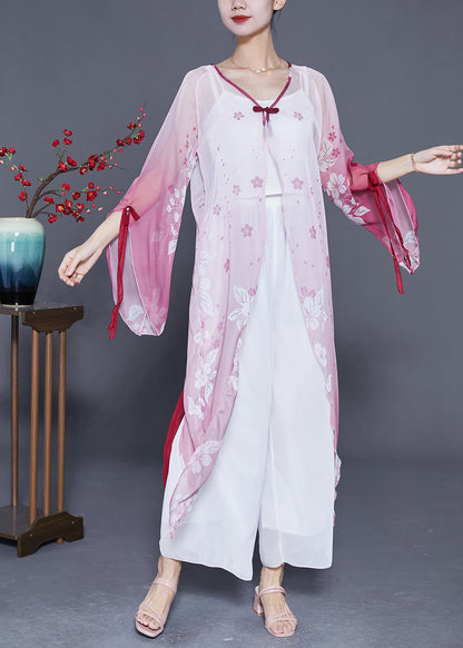 Gradient Color Chinese Button Print Chiffon Long Cardigan Flare Sleeve