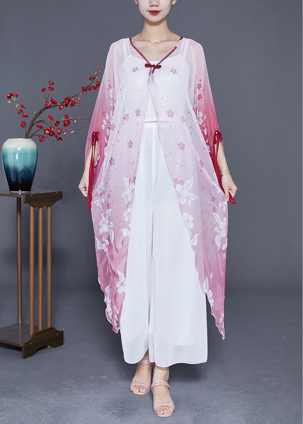 Gradient Color Chinese Button Print Chiffon Long Cardigan Flare Sleeve