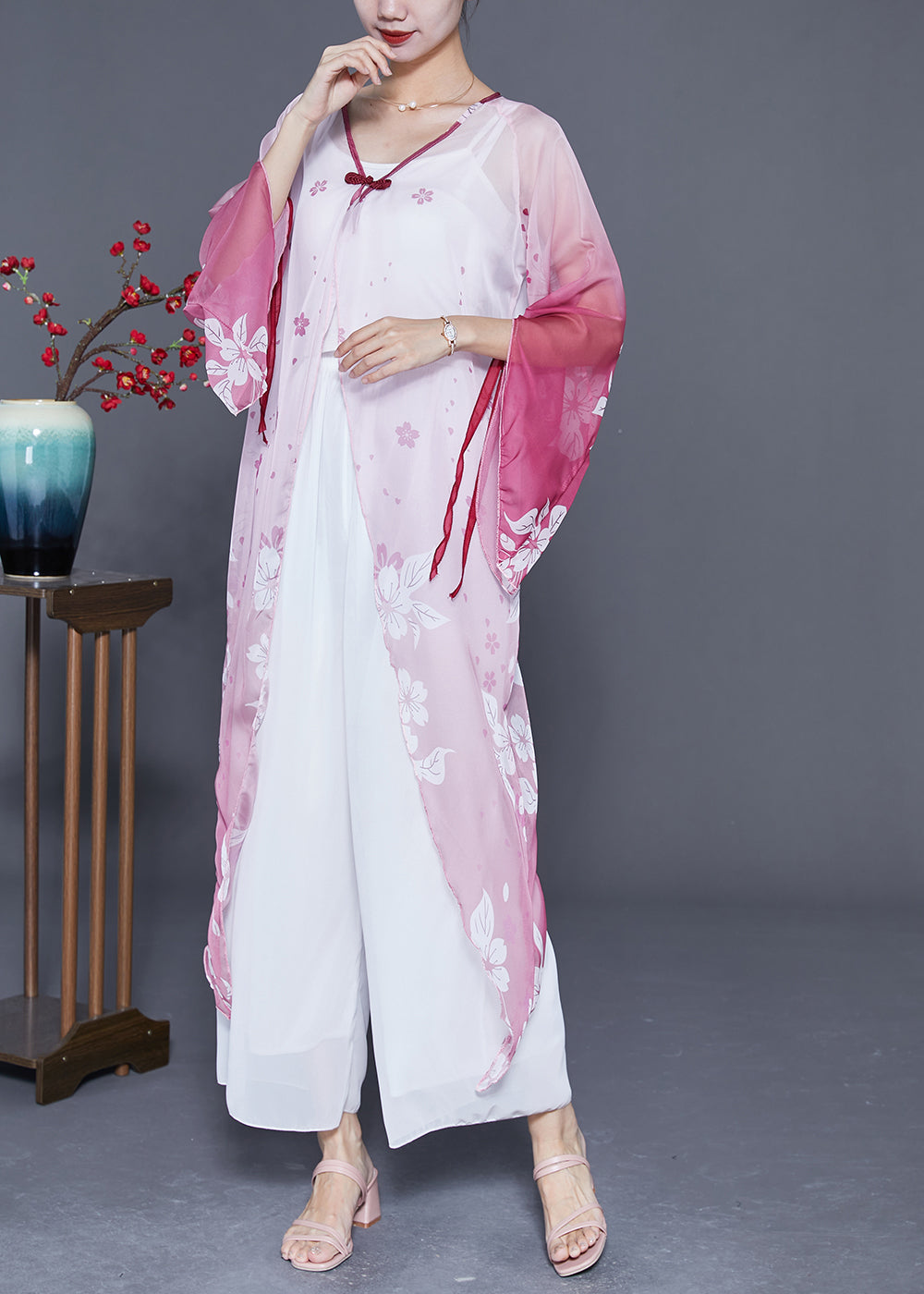 Gradient Color Chinese Button Print Chiffon Long Cardigan Flare Sleeve