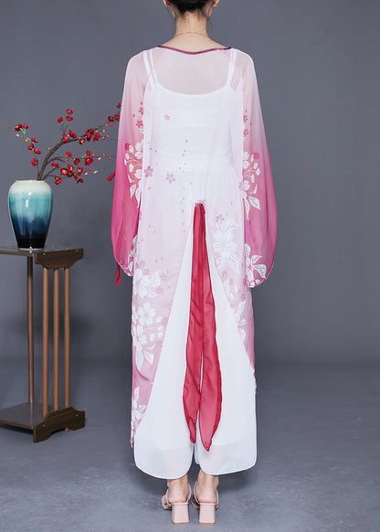Gradient Color Chinese Button Print Chiffon Long Cardigan Flare Sleeve