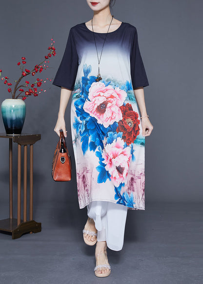 Gradient Color O-neck Print Silk Vacation Dresses Half Sleeve