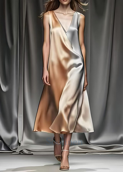 Gradient Color V Neck Draping Silk Robe Dresses Summer