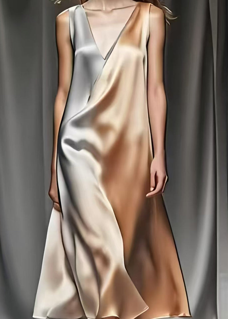 Gradient Color V Neck Draping Silk Robe Dresses Summer