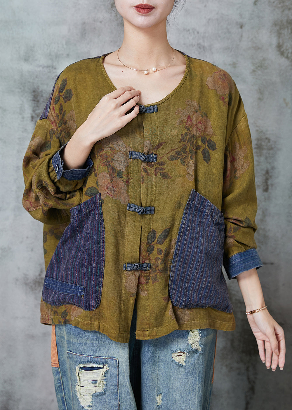 Women Grass Green Chinese Button Patchwork Linen Top Spring