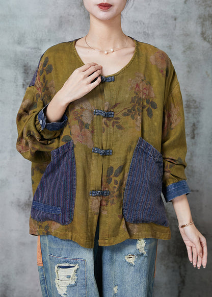 Women Grass Green Chinese Button Patchwork Linen Top Spring