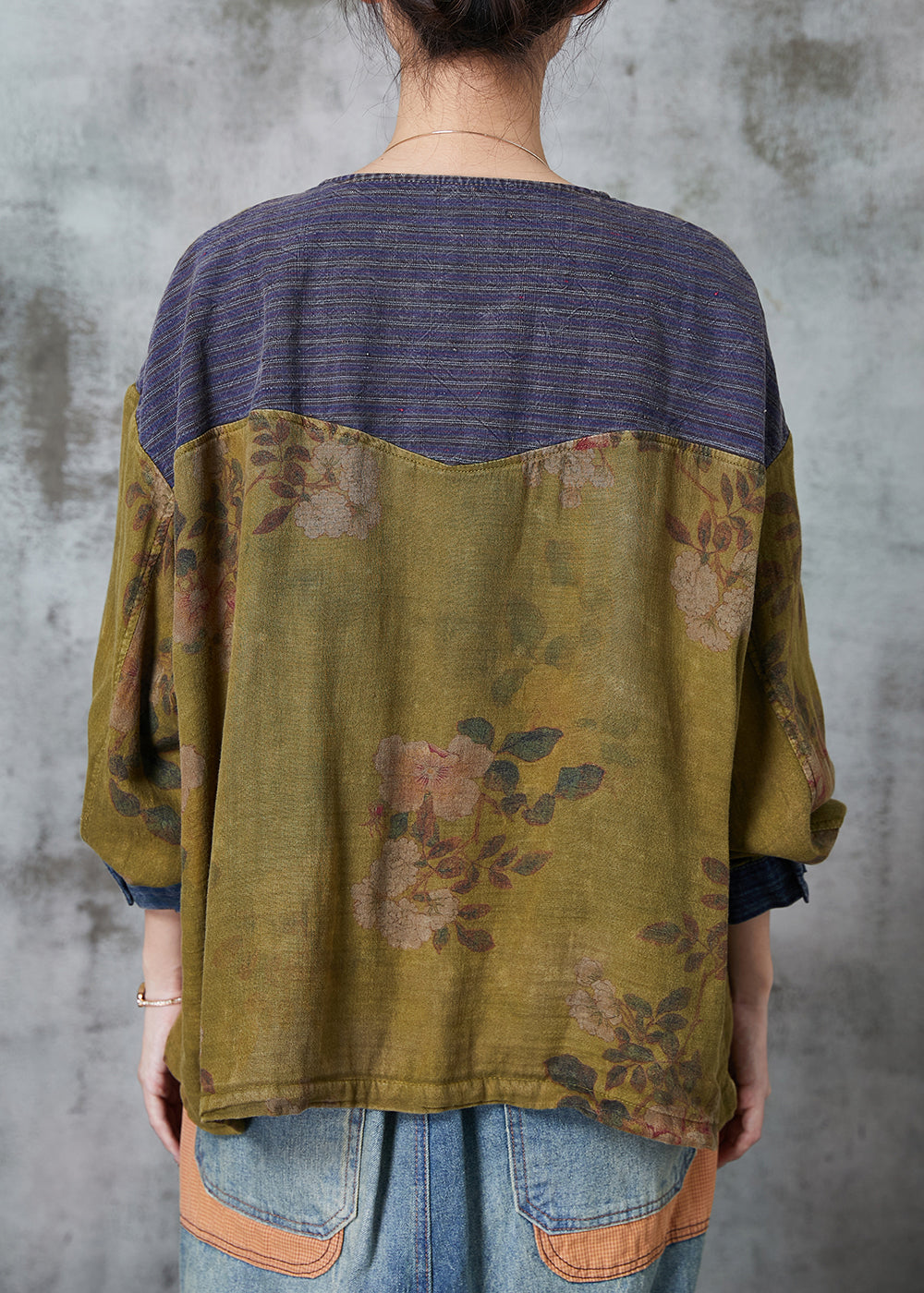 Women Grass Green Chinese Button Patchwork Linen Top Spring