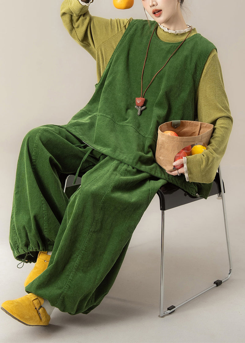 Grass Green Vest T Shirt and Pants Corduroy Three Pieces Set Spring