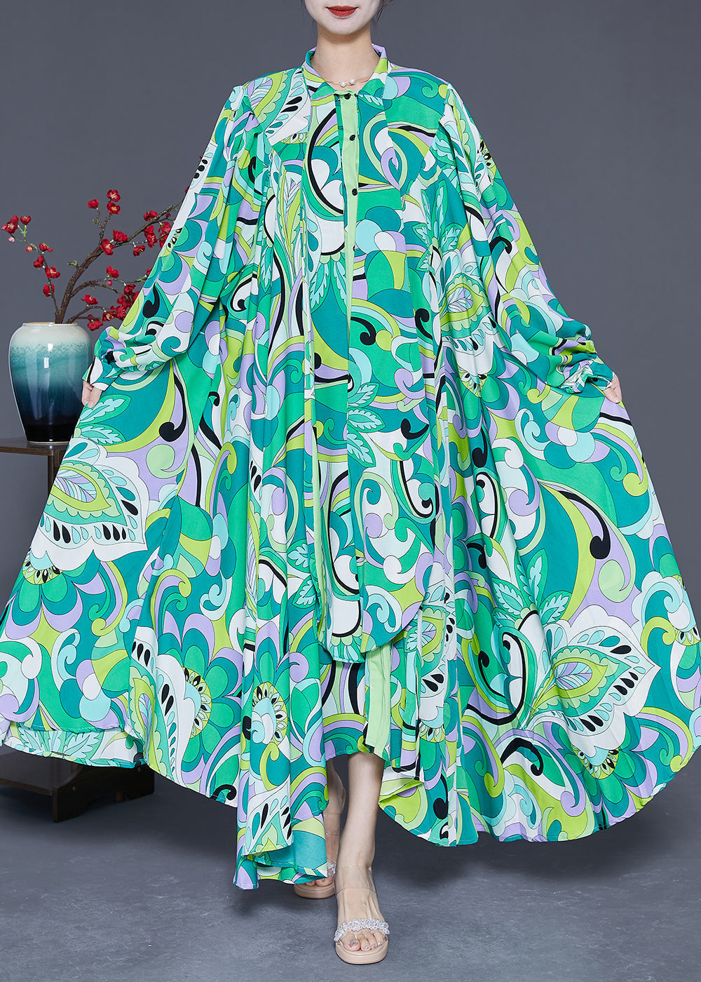 Green Asymmetrical Print Chiffon Ankle Dress Spring