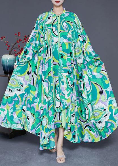 Green Asymmetrical Print Chiffon Ankle Dress Spring