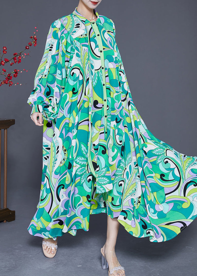 Green Asymmetrical Print Chiffon Ankle Dress Spring