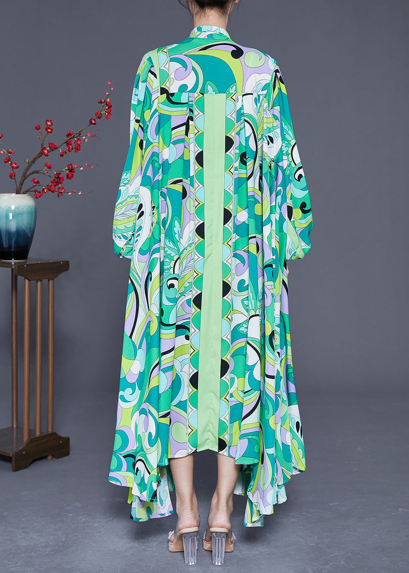 Green Asymmetrical Print Chiffon Ankle Dress Spring