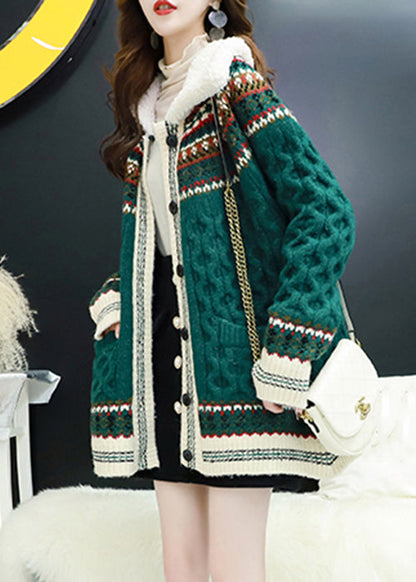 Green Button Pockets Thick Knit Coat Long Sleeve