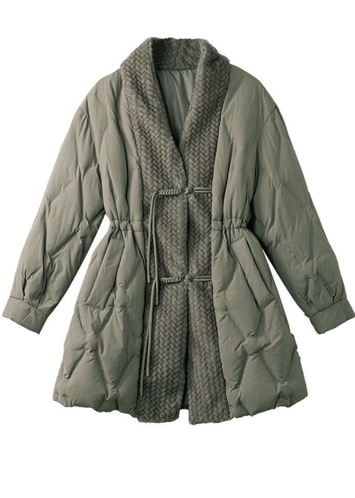 Green Chinese Button Patchwork Duck Down Puffers Jackets Winter