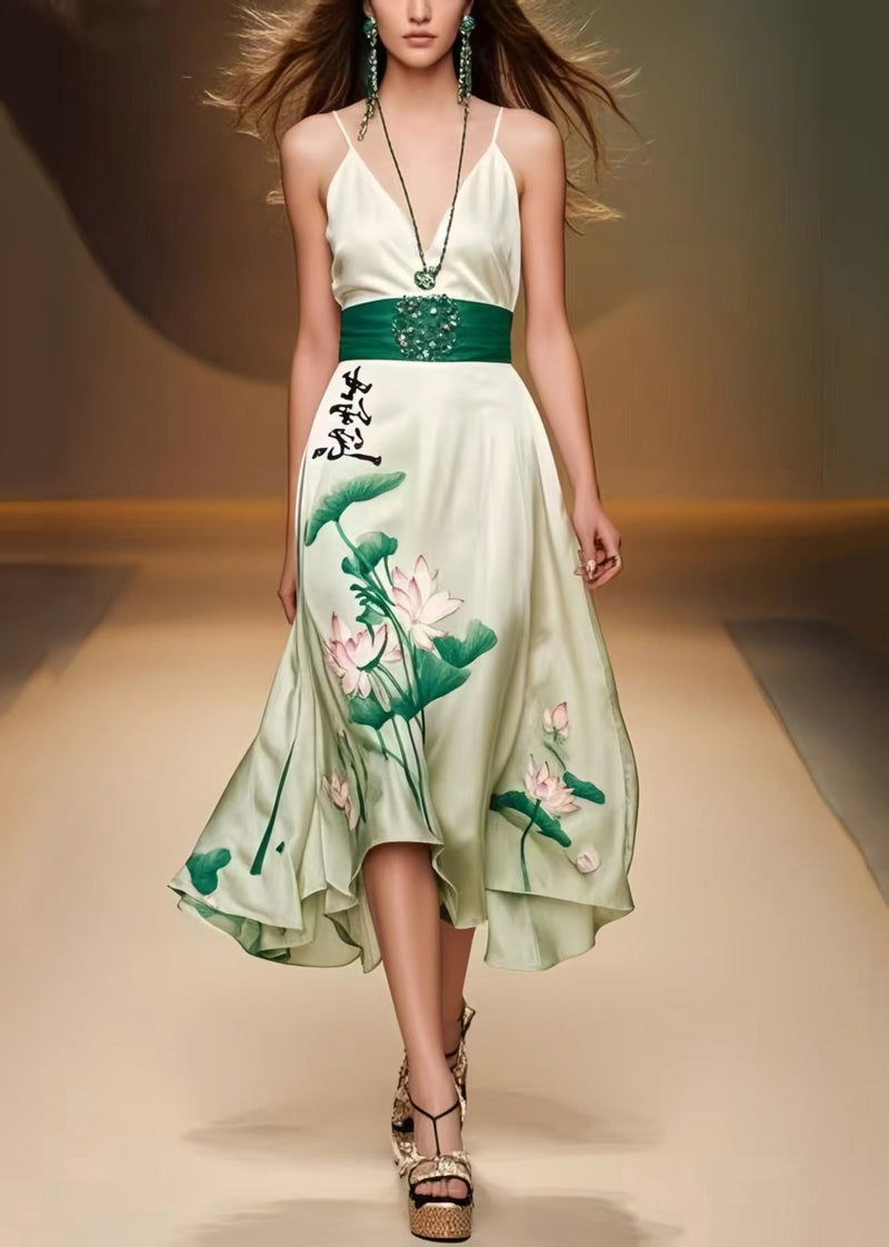 Green Cinched Lotus Leaf Print Silk Mini Dress Sleeveless