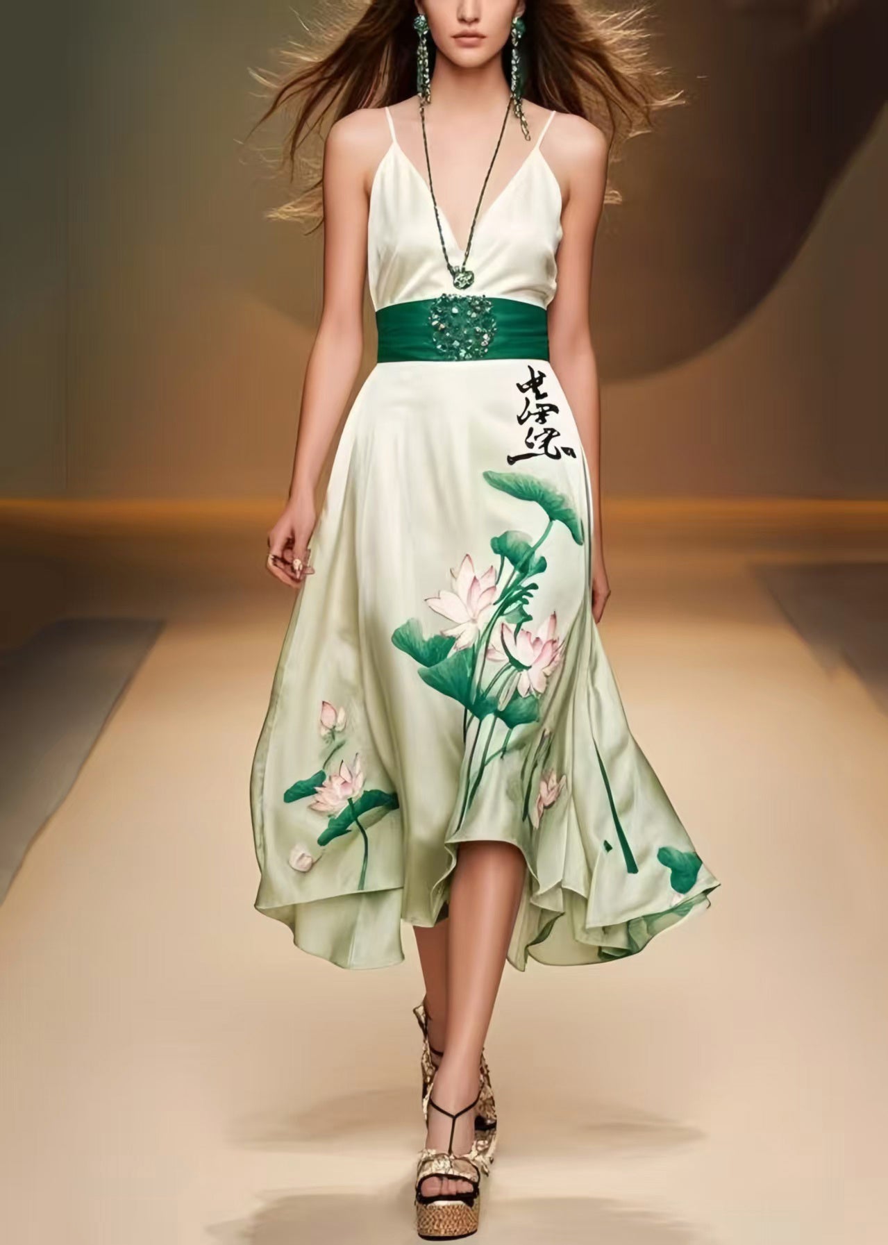 Green Cinched Lotus Leaf Print Silk Mini Dress Sleeveless