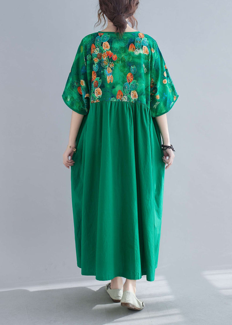 Green Cinched Print Long Dress Half Sleeve