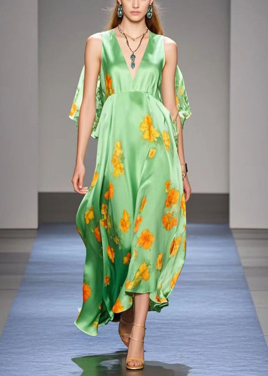 Green Cold Shoulder Print Silk Long Dresses Summer