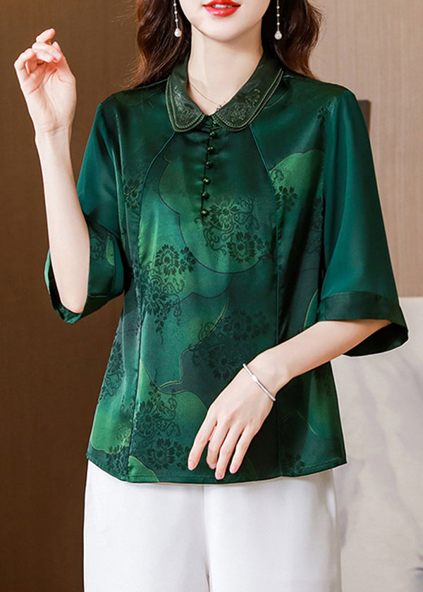 Green Double-layer Collar Patchwork Print Silk Top Half Sleeve