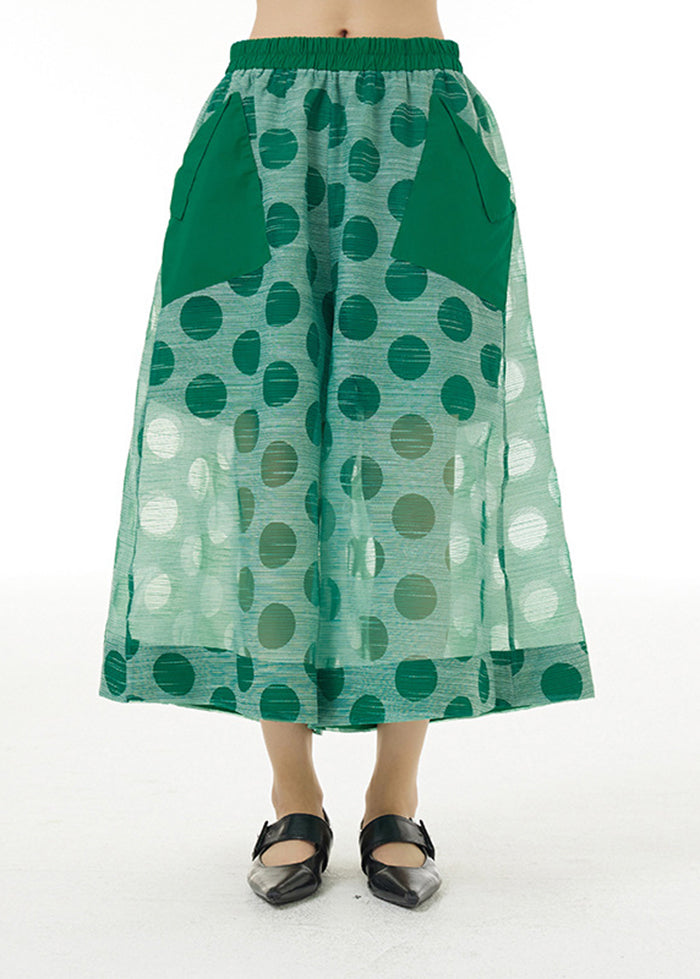 Green Elastic Waist Dot Print Tulle Fake Two Piece Pants Summer