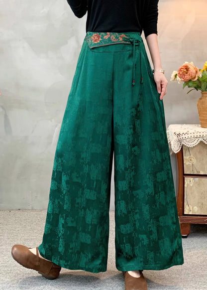 Green Embroidered Silk Wide Leg Pants Spring