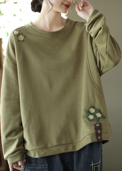 Women Green Embroideried Floral Cotton Loose Sweatshirt Spring