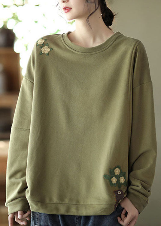 Green Embroideried Cotton Loose Sweatshirt Spring