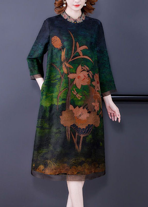 Green Embroideried Patchwork Zippered Silk Dresses Bracelet Sleeve
