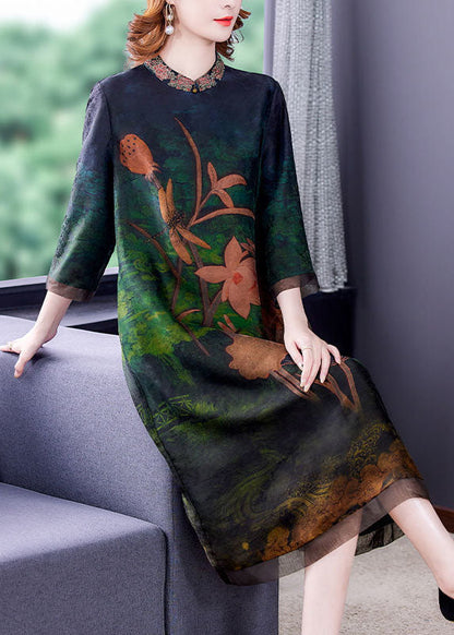 Green Embroideried Patchwork Zippered Silk Dresses Bracelet Sleeve