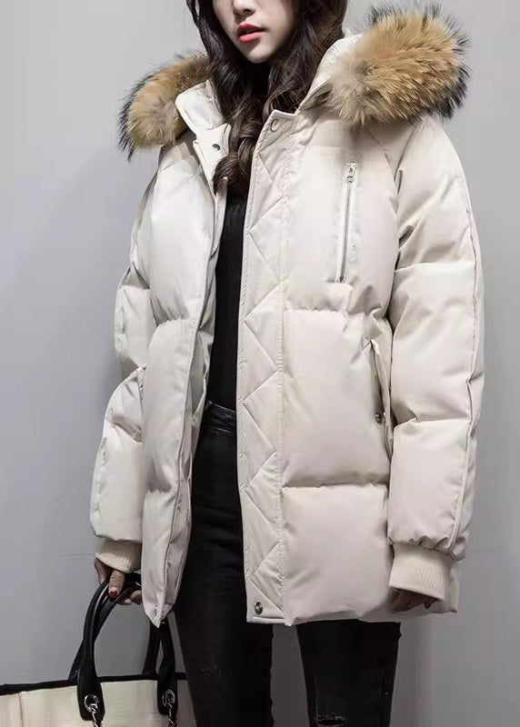 Green Fur Collar Hooded Pockets Fine Cotton Filled Jacket Winter