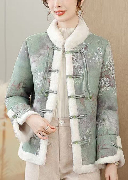 Green Fur Collar Patchwork Warm Fleece Parkas Winter