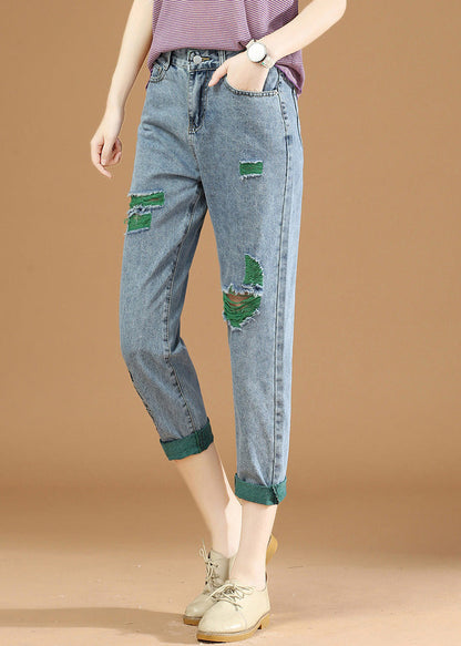 Green Graphic Print Patchwork High Waist Denim Crop Pants Summer