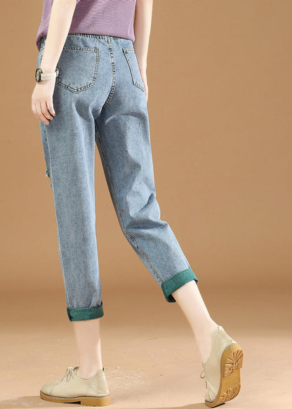 Green Graphic Print Patchwork High Waist Denim Crop Pants Summer