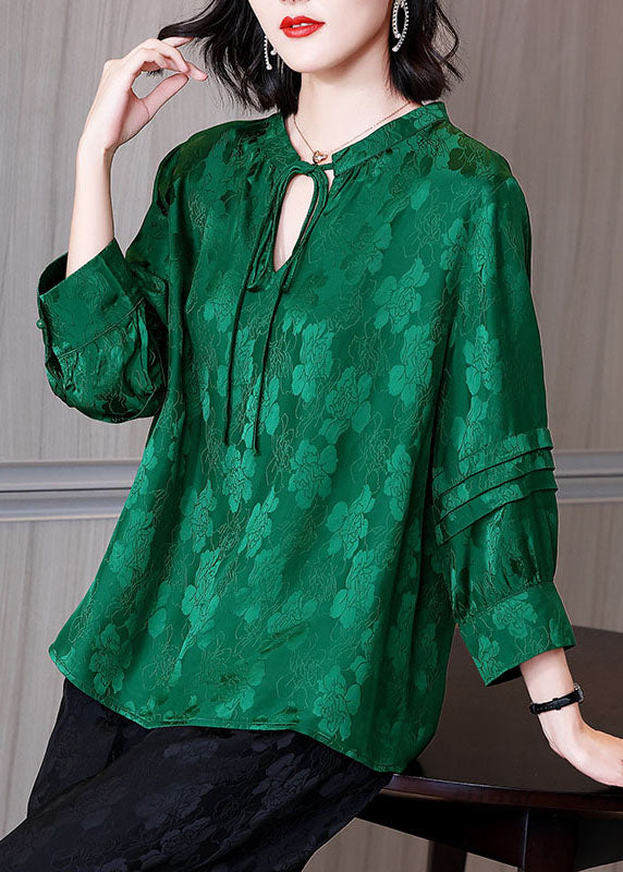 Green Lace Up Jacquard Patchwork Silk Shirt Tops Fall