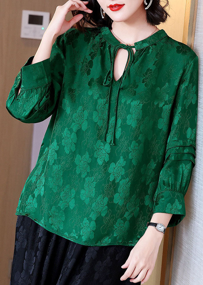 Green Lace Up Jacquard Patchwork Silk Shirt Tops Fall