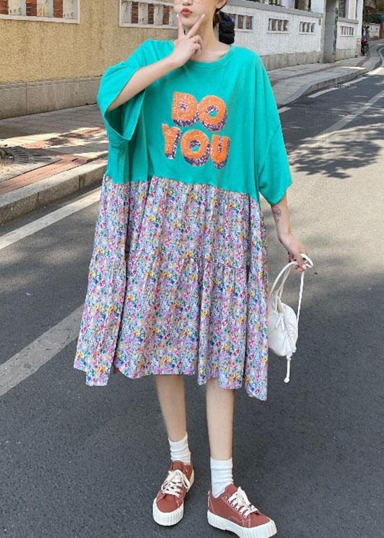 Green Loose Graphic a Line Summer Sundress Half Sleeve