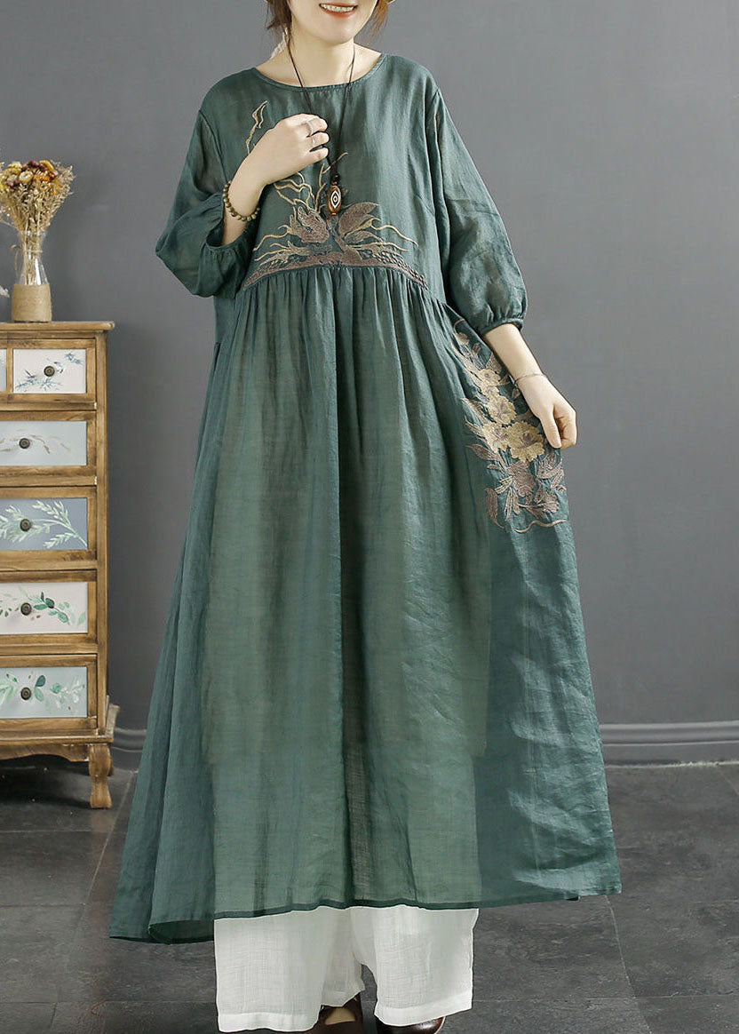 Green O-neck Embroideried Patchwork Linen Long Dresses Bracelet Sleeve