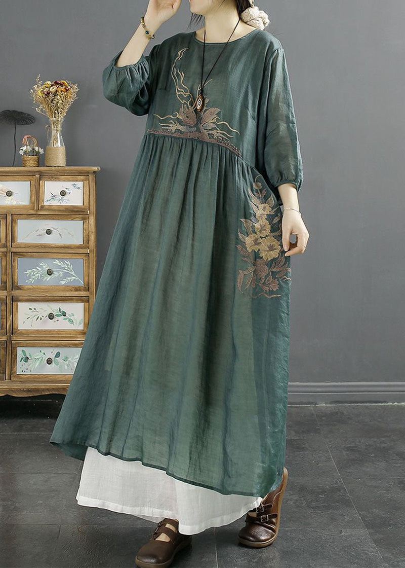 Green O-neck Embroideried Patchwork Linen Long Dresses Bracelet Sleeve