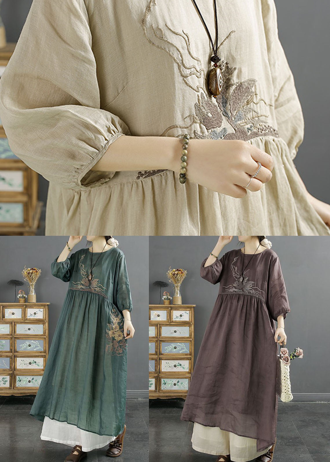 Green O-neck Embroideried Patchwork Linen Long Dresses Bracelet Sleeve