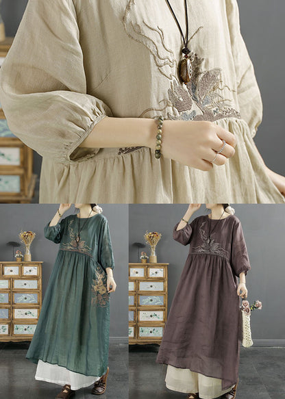 Green O-neck Embroideried Patchwork Linen Long Dresses Bracelet Sleeve