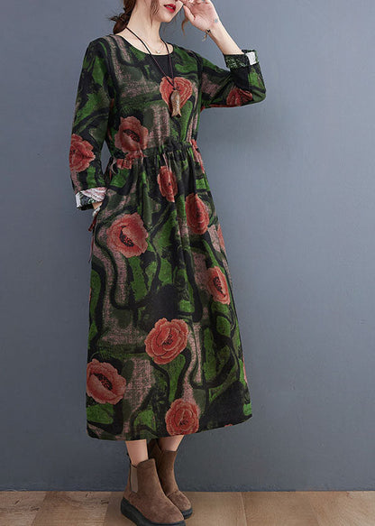 Green O-neck Print Cotton Long Dress Long Sleeve
